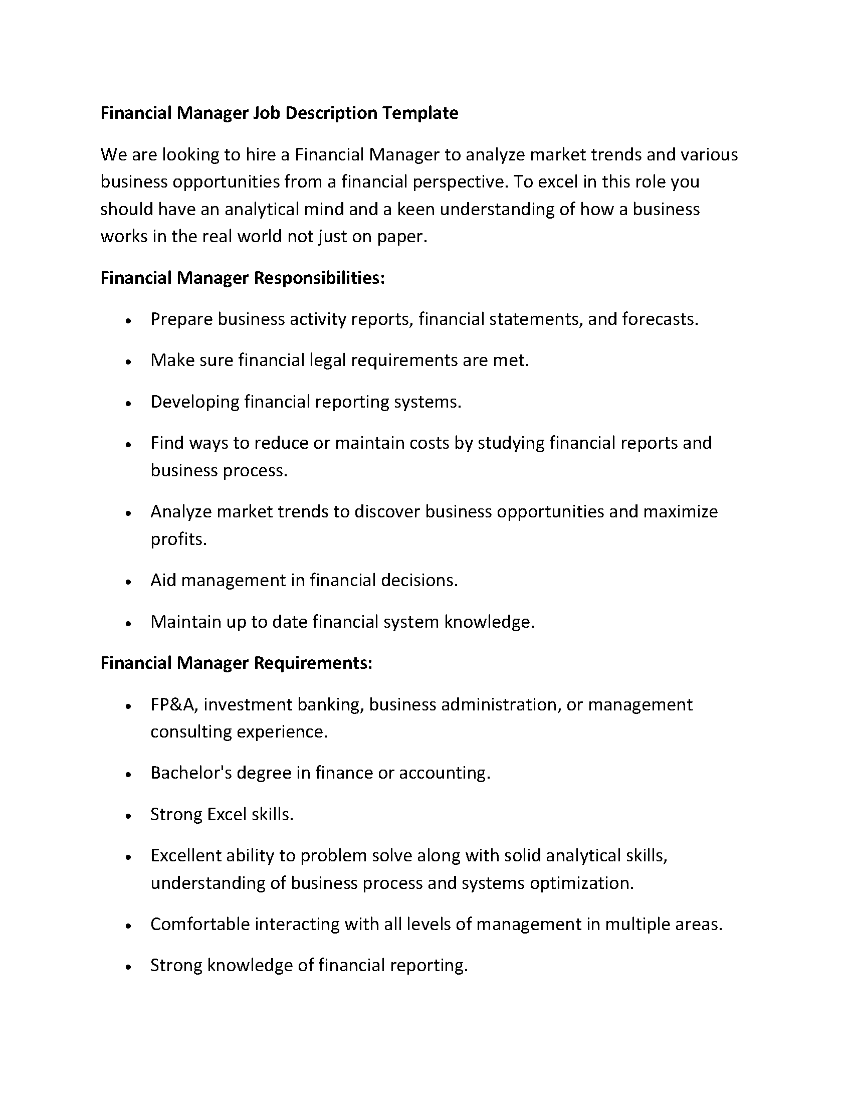 Financial Manager Job Description Template